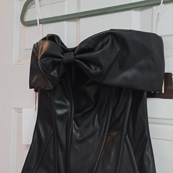 MISS CIRCLE 38 Maayan Black Vegan Leather Corset High Slit Drop Waist Maxi Dres